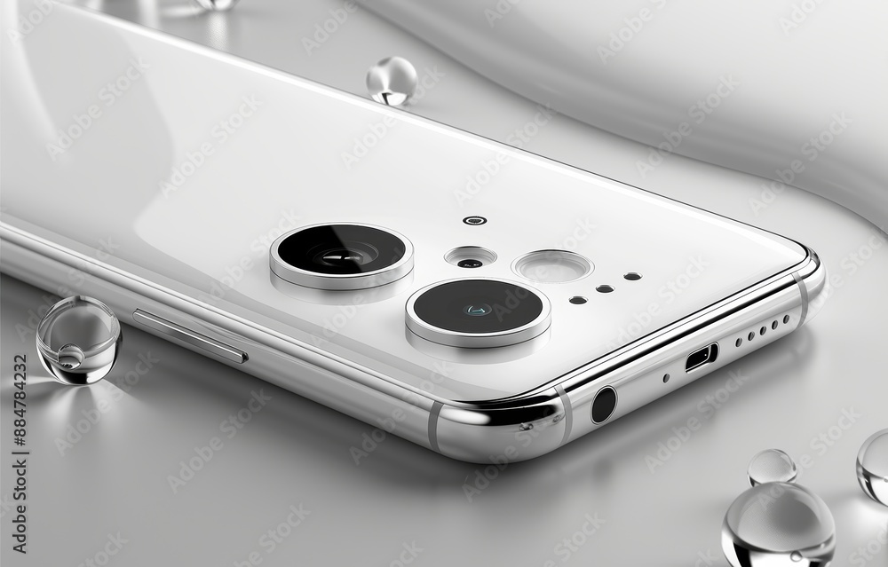 Fototapeta premium Sleek Modern Smartphone with Dual Cameras and Minimalist Design on Reflective Surface