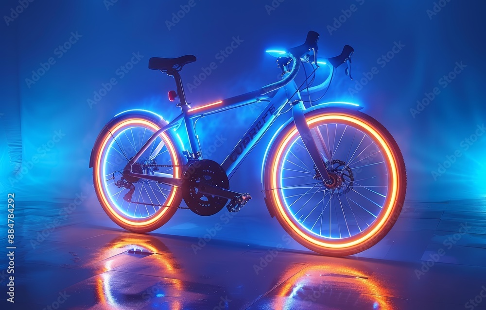 Fototapeta premium Futuristic Bicycle with Neon Lights in a Dark Studio Setting