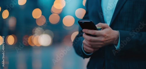 Businessman using a smartphone in an urban setting with bokeh lights, symbolizing modern business communication.