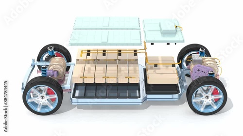 Explode view of electric vehicle chassis equipped with battery pack on white background. 3D rendering animation.
