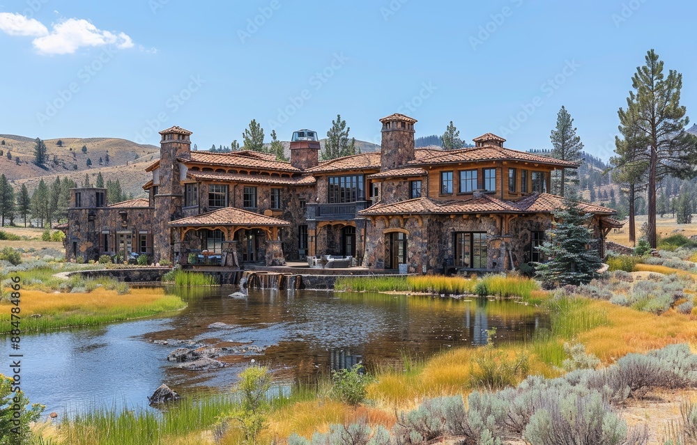 Fototapeta premium Luxurious Rustic Stone Mansion with Scenic Pond and Mountain Views in Countryside Setting