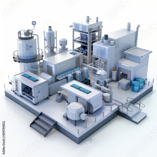 3D Render, Low Poly style of a pharmaceutical factory with cleanroom equipment and pill production, on isolated white background, Generative AI