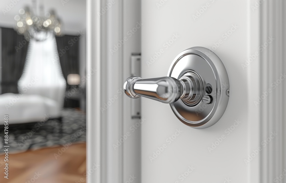 Modern Silver Door Handle on White Door with Blurred Bedroom Background in Contemporary Home Modern Silver Door Handle on White Door with Blurred Bedroom Background in Contemporary Home