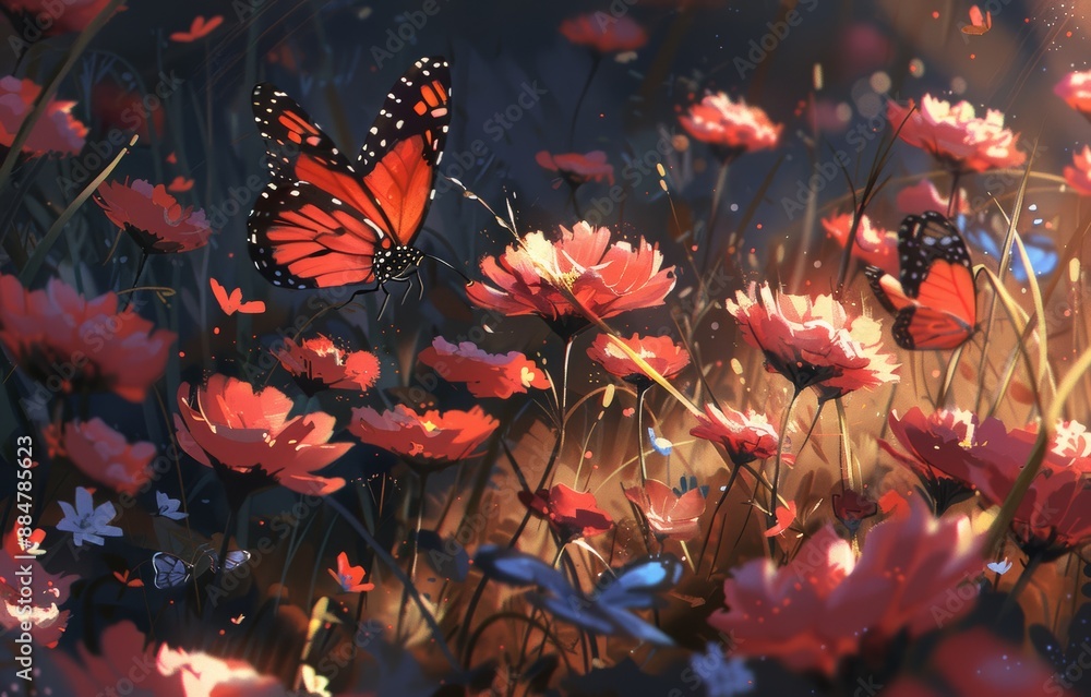 Enchanting Monarch Butterflies in a Vibrant Field of Red Flowers at Sunset Enchanting Monarch Butterflies in a Vibrant Field of Red Flowers at Sunset
