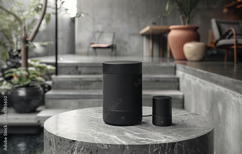 Modern Smart Speakers on Marble Table in Stylish Minimalist Indoor Garden Setting with Concrete and Greenery Modern Smart Speakers on Marble Table in Stylish Minimalist Indoor Garden Setting with Concrete and Greenery