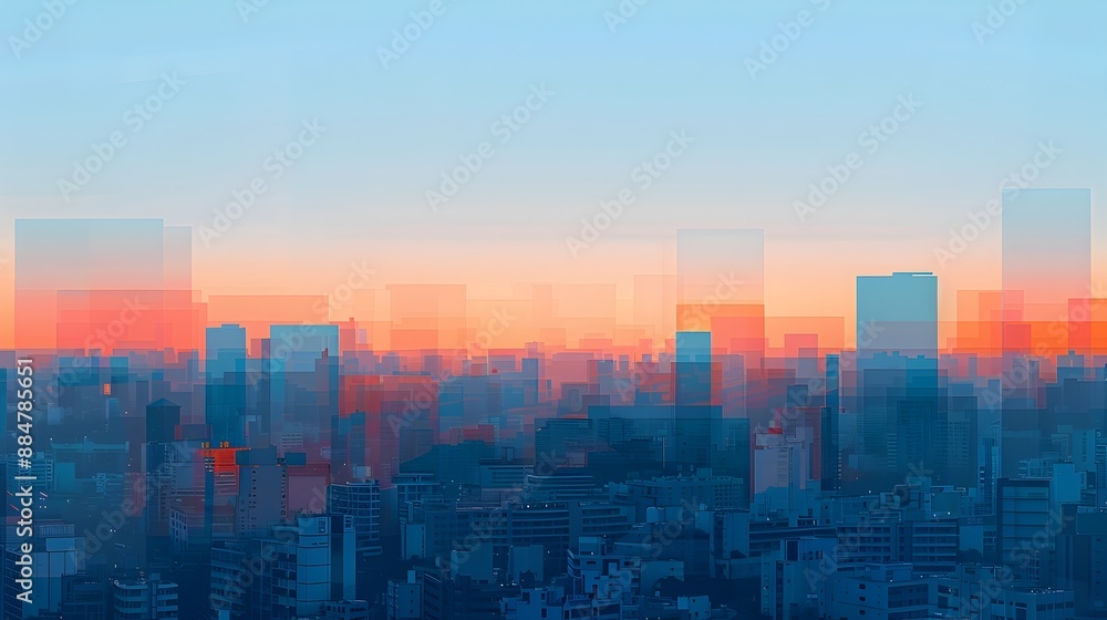 Fototapeta premium Tranquil Urban Skyline at Sunrise Featuring Minimalist Architecture and Serene Color Palette