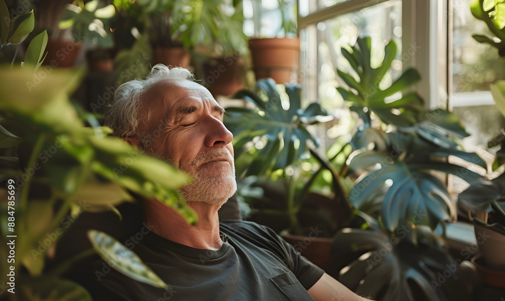 Old man resting with eyes closed among green plants indoors, Generative AI Old man resting with eyes closed among green plants indoors, Generative AI