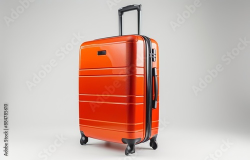 Bright Orange Hard Shell Suitcase with Wheels and Telescopic Handle on White Background photo