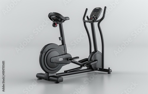 Modern Black Elliptical Exercise Machine on a Minimalist Gray Background for Home Gym and Fitness photo