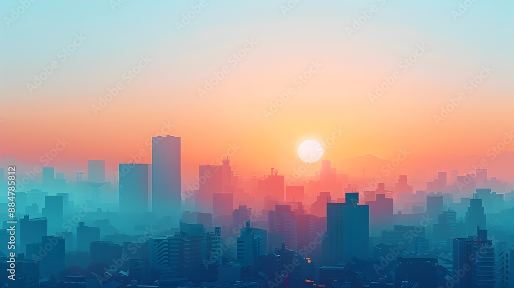 Fototapeta premium Tranquil Cityscape Sunrise with Geometric Architectural Silhouettes and Serene Color Palette