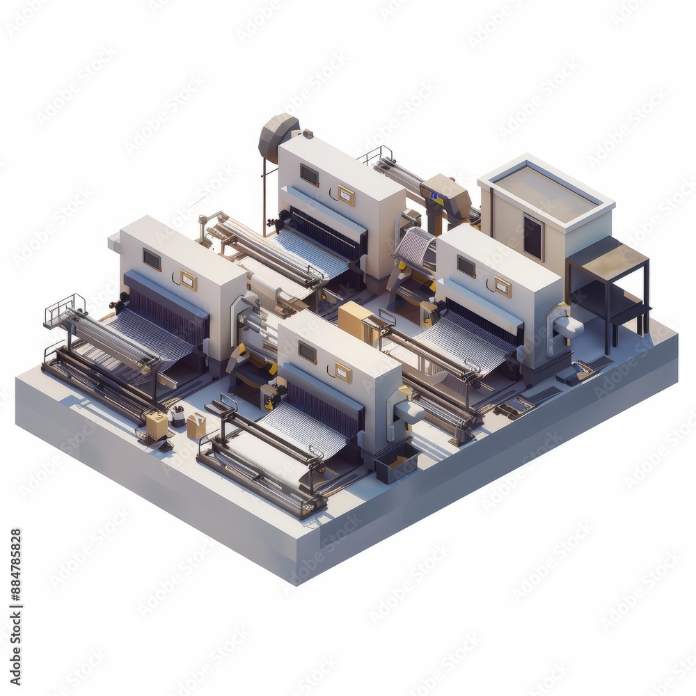 3D Render, Low Poly style of a textile factory with weaving machines, on isolated white background, Generative AI 3D Render, Low Poly style of a textile factory with weaving machines, on isolated white background, Generative AI