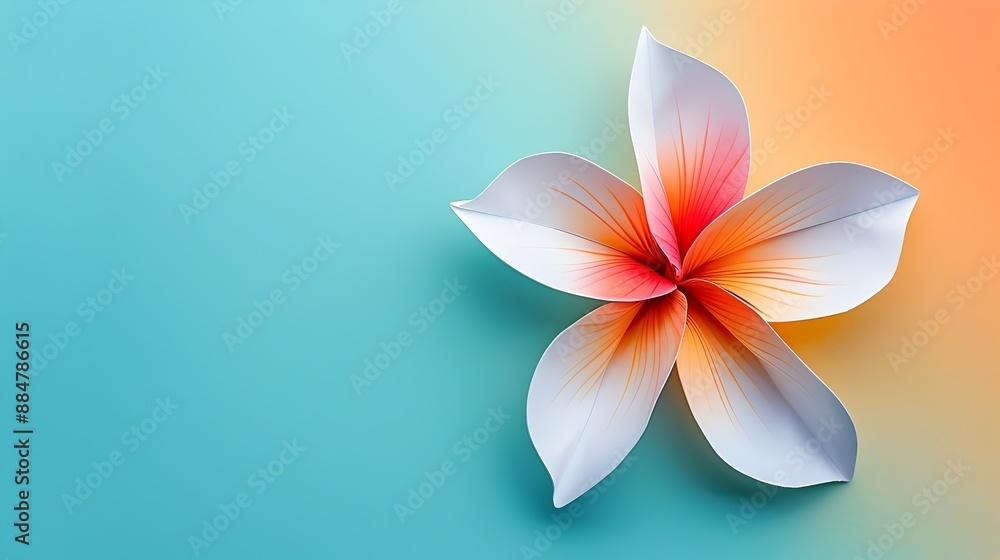 Naklejka premium Tropical Plumeria Flower in Origami Paper Style on Summer-Themed Vivid Background with Copy Space