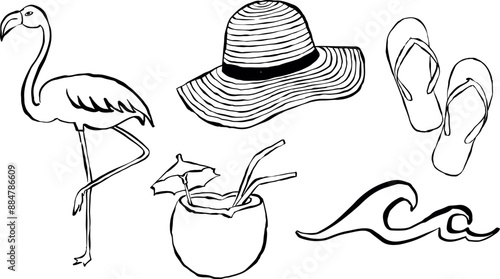 Ilustración de verano dibujadas a mano.  Iconos en vector para invitaciones, papelería, diseño. Clipart de verano. Ilustración de flamenco, sombrero, coco, sandalias.	
