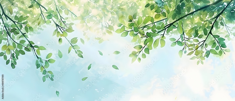 Soft Green Leaves on Spring Tree with Clear Blue Sky in Watercolor Style Soft Green Leaves on Spring Tree with Clear Blue Sky in Watercolor Style