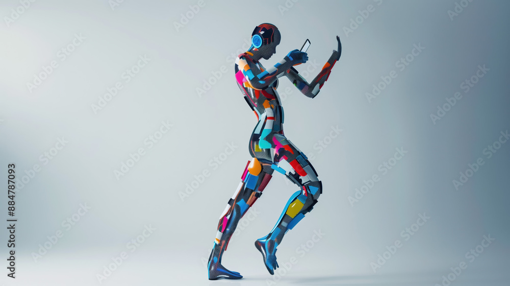 Fototapeta premium Avant-Garde Couture Fashion AI Robot Model Struts Digital Runway, Fashion Concept, on White Background