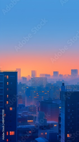 Minimalist Digital Cityscape at Sunrise with Geometric Shapes and Calming Color Palette