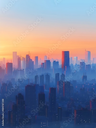 Minimalist Digital Cityscape at Sunrise with Geometric Shapes and Calming Color Palette © LookChin AI