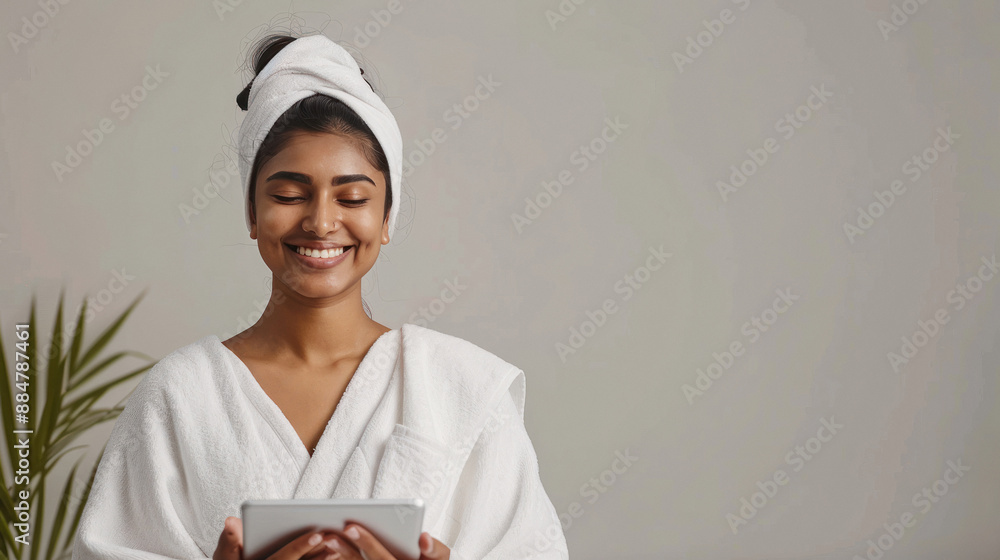Happy indian woman looking tablets in the spa Happy indian woman looking tablets in the spa