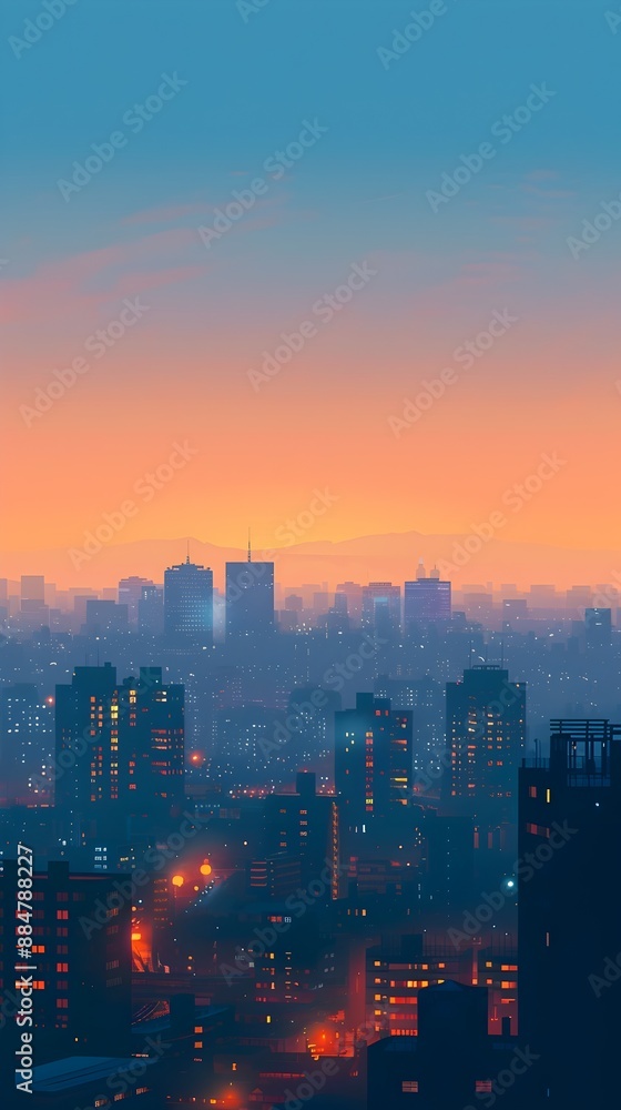 Obraz premium Minimalist Digital Cityscape at Sunrise with Geometric Shapes and Serene Color Palette