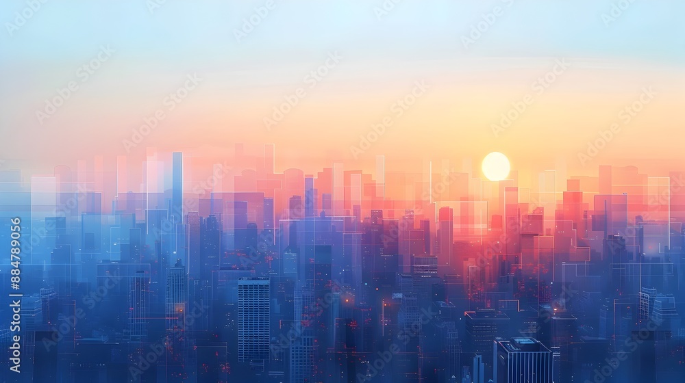 Fototapeta premium Minimalist Digital Artwork of Serene Cityscape at Sunrise with Geometric Shapes and Calm Color Palette
