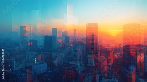 Wallpaper Mural Vibrant Cityscape Skyline at Serene Sunrise with Minimalist Geometric Architecture Torontodigital.ca