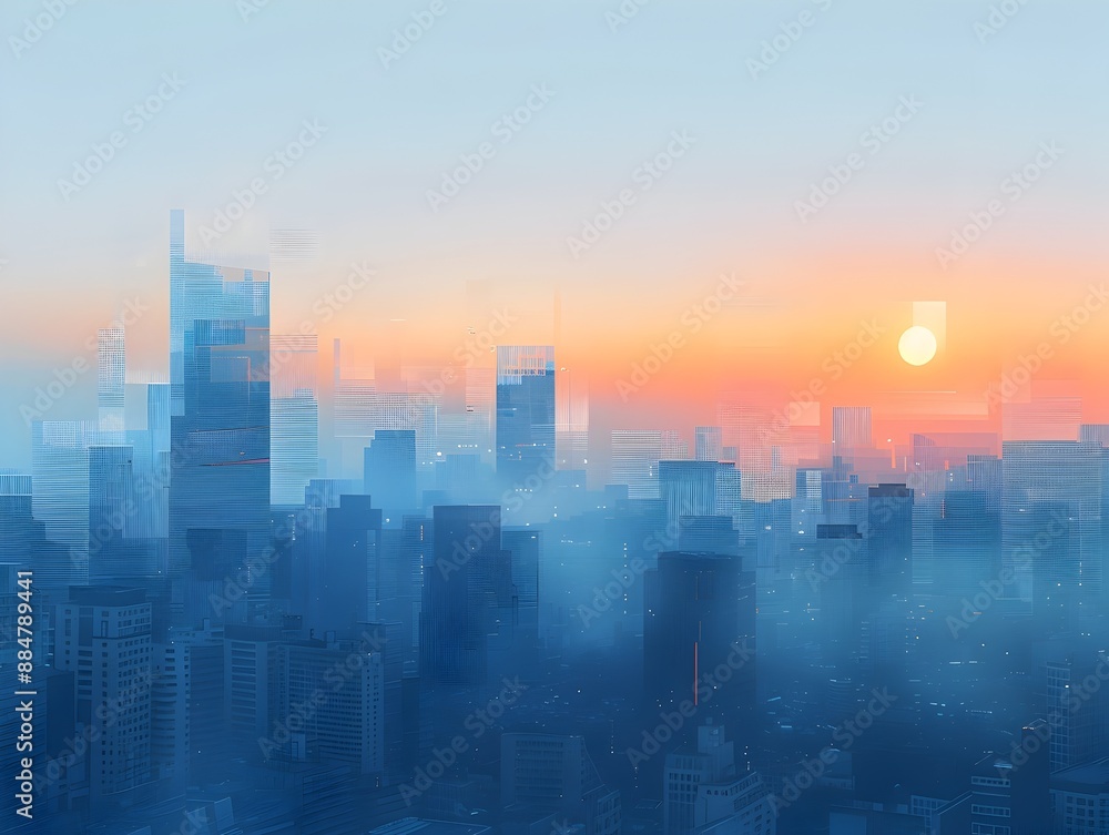 Minimalist Digital Cityscape at Peaceful Sunrise with Geometric Skyscrapers and Calming Color Palette Minimalist Digital Cityscape at Peaceful Sunrise with Geometric Skyscrapers and Calming Color Palette