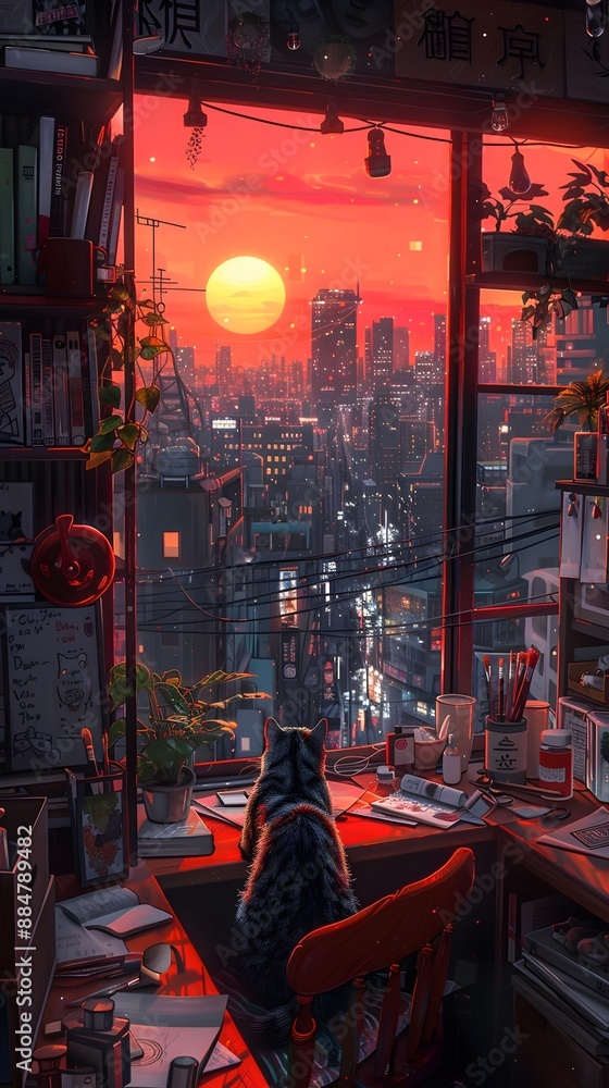 Obraz premium Cat gazing at city sunset from a cluttered artist's desk in a cozy urban apartment.