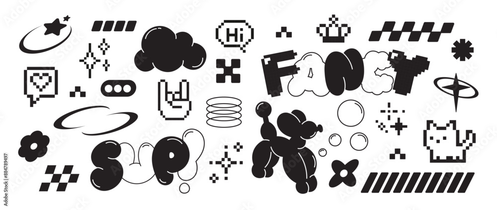 Set of y2k style elements vector. Hand drawn collection of pixel, fluffy, cat, hand, bubble, organic shape in black and white color. Design for print, cartoon, card, decoration, sticker. Set of y2k style elements vector. Hand drawn collection of pixel, fluffy, cat, hand, bubble, organic shape in black and white color. Design for print, cartoon, card, decoration, sticker.