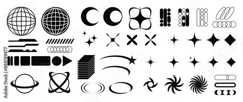 Collection of geometric shapes on white background. Abstract black color icon element of wireframe, star, sparkling, different shapes. Icon graphic design for decoration, logo, business, ads.