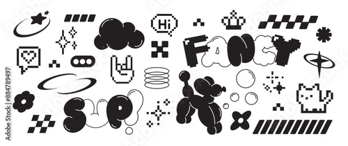 Set of y2k style elements vector. Hand drawn collection of pixel, fluffy, cat, hand, bubble, organic shape in black and white color. Design for print, cartoon, card, decoration, sticker.