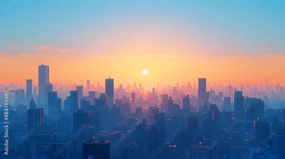 Fototapeta premium Minimalist Cityscape at Sunrise with Geometric Shapes and Serene Color Palette