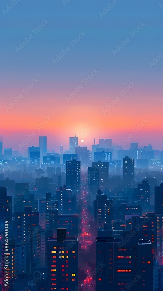 Fototapeta premium Tranquil Cityscape at Sunrise with Minimalist Architecture and Vibrant Color Palette
