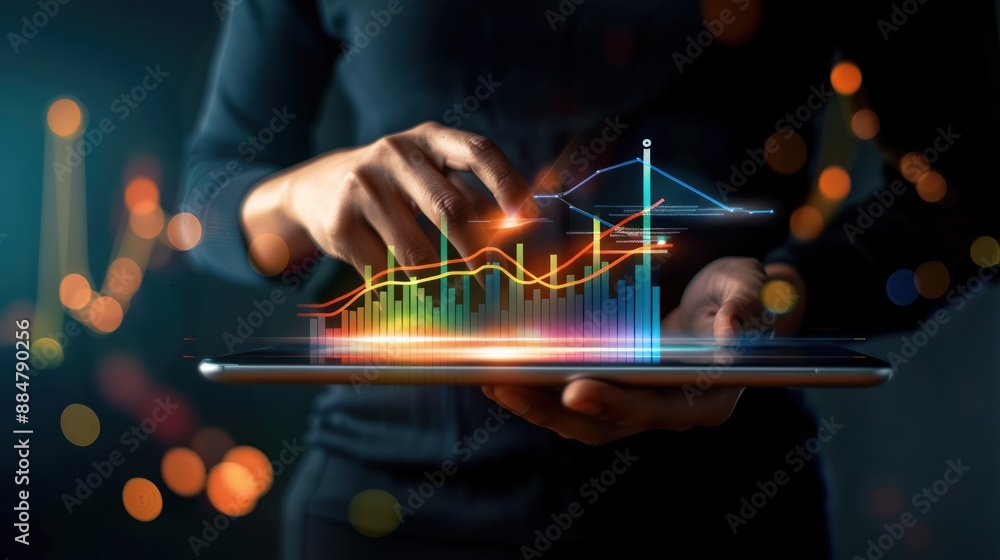Businessman holding stock tablet and market economy graph statistic showing growth .AI generative image Businessman holding stock tablet and market economy graph statistic showing growth .AI generative image