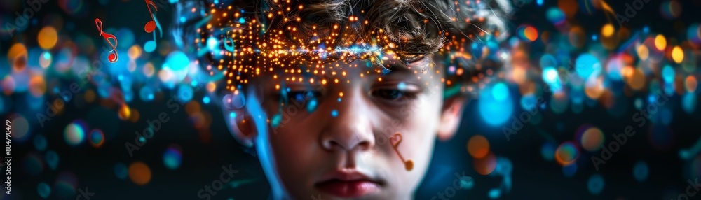 A young boy with a thoughtful expression amidst a colorful blur of bokeh lights. A young boy with a thoughtful expression amidst a colorful blur of bokeh lights.