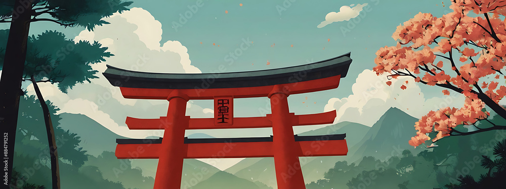 An illustration of a torii gate, marking the entrance to a Shinto ...