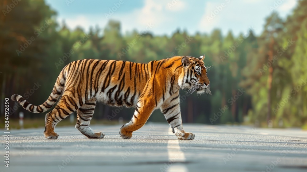 Obraz premium Majestic Tiger on Asphalt: The awe-inspiring image unveils a solitary tiger, confidently striding on asphalt road, flanked by an endless verdant forest. This photo encapsulates raw power. 