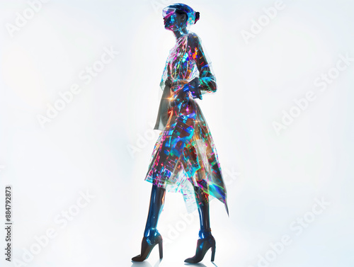 Artificial Intelligence Robot in Futuristic Fashion Pose with Hologram Effects, on White Background
