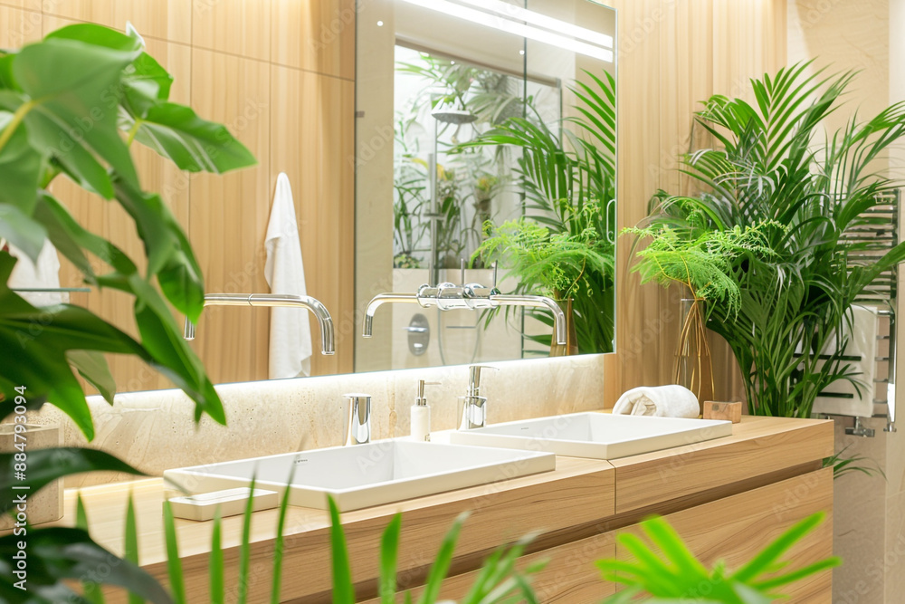 A serene mid-century modern bathroom with natural wood accents, a large rectangular mirror, a wall-mounted faucet, and lush green plants adding a touch of nature. A serene mid-century modern bathroom with natural wood accents, a large rectangular mirror, a wall-mounted faucet, and lush green plants adding a touch of nature.