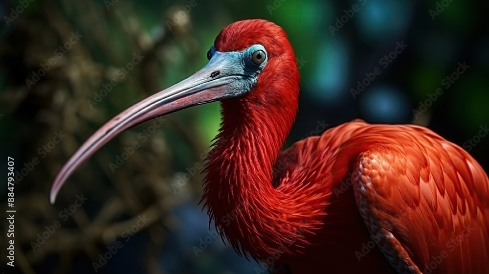 Naklejka premium Closeup on a gorgeous colorfull brilliant red scarlet ibis, Eudocimus ruber .