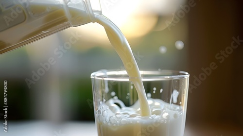 Milk Pouring from Carton into Clear Glass photo