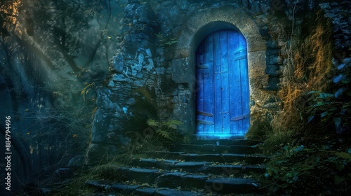 mystical blue door in ancient stone wall glowing portal surreal forest beyond