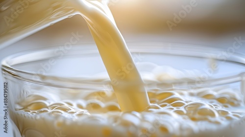 Milk Pouring from Carton Into Clear Glass with Bright Background