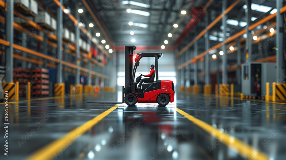 Forklift in Modern Warehouse. Red forklift operates in a spacious, well-organized warehouse, illustrating the importance of logistics and efficient inventory management. Forklift in Modern Warehouse. Red forklift operates in a spacious, well-organized warehouse, illustrating the importance of logistics and efficient inventory management.