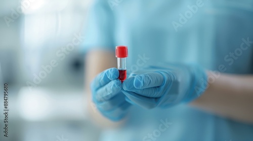 lab technician checking blood samples in the clinical laboratory, wearing gloves, closeup, copy space