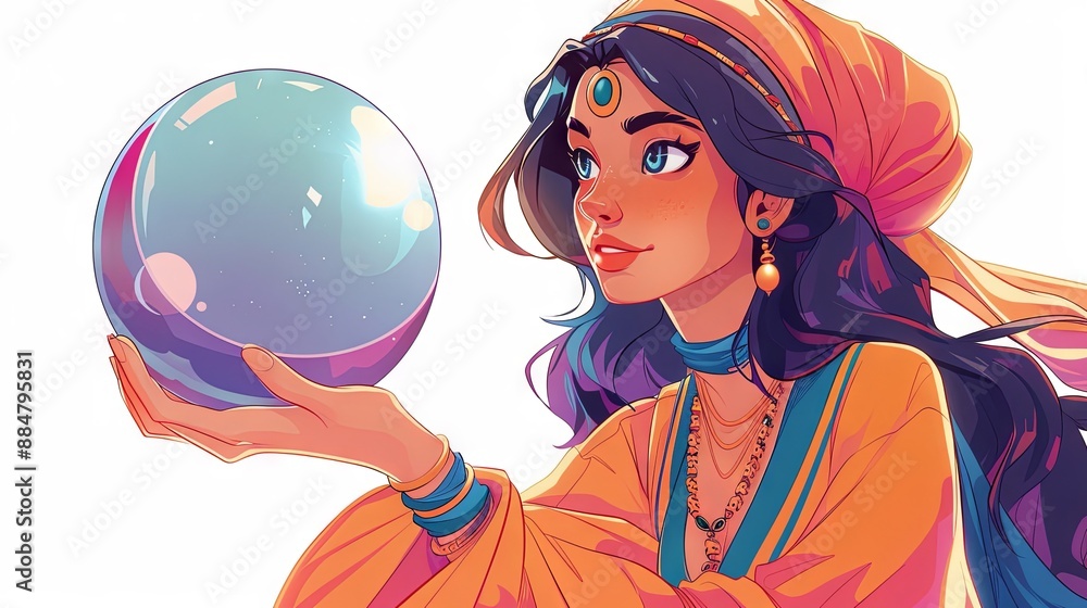 Naklejka premium The cartoon fortune teller woman looks splendid as she gazes into the future with a mystical crystal ball against a white background