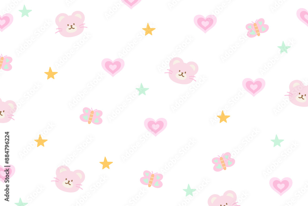 Pastel illustration of teddy bear, heart, star, butterfly on white background for animal wallpaper, zoo, souvenir shop, backdrop cartoon, kid fabric, duvet, blanket, pyjamas, valentine card, gift wrap Pastel illustration of teddy bear, heart, star, butterfly on white background for animal wallpaper, zoo, souvenir shop, backdrop cartoon, kid fabric, duvet, blanket, pyjamas, valentine card, gift wrap