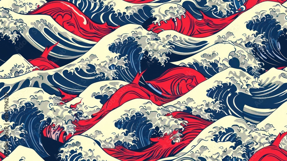 Sea Waves Pattern in Red, Blue and Beige Colors Sea Waves Pattern in Red, Blue and Beige Colors