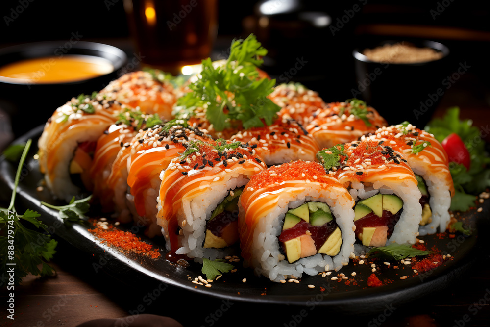 A plate of sushi with a variety of ingredients including avocado, cucumber, and salmon. The sushi is arranged in a visually appealing manner, with the different colors