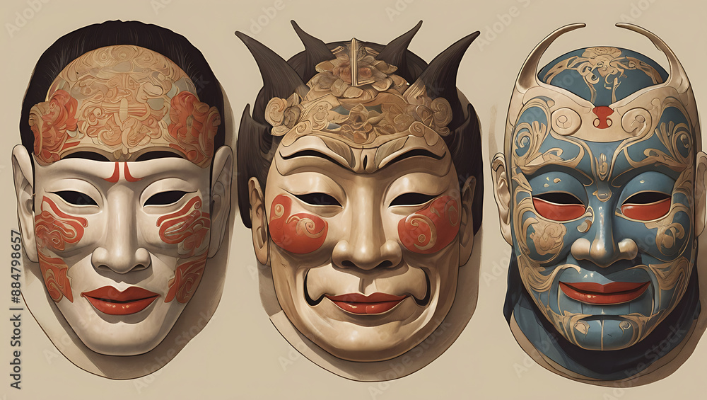 An illustration of a traditional Noh mask used in Japanese theater, depicting different emotions and characters with intricate designs and subtle expressions.
An illustration of a traditional Noh mask used in Japanese theater, depicting different emotions and characters with intricate designs and subtle expressions.