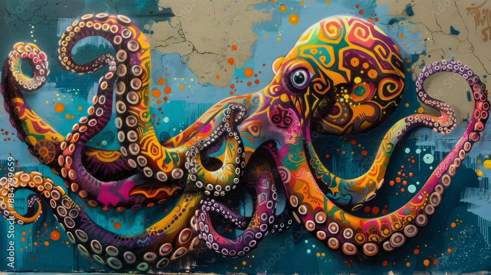 Obraz premium Graffiti art of a whimsical octopus, with tentacles swirling in dynamic patterns and vibrant colors, on an ocean-themed wall 
